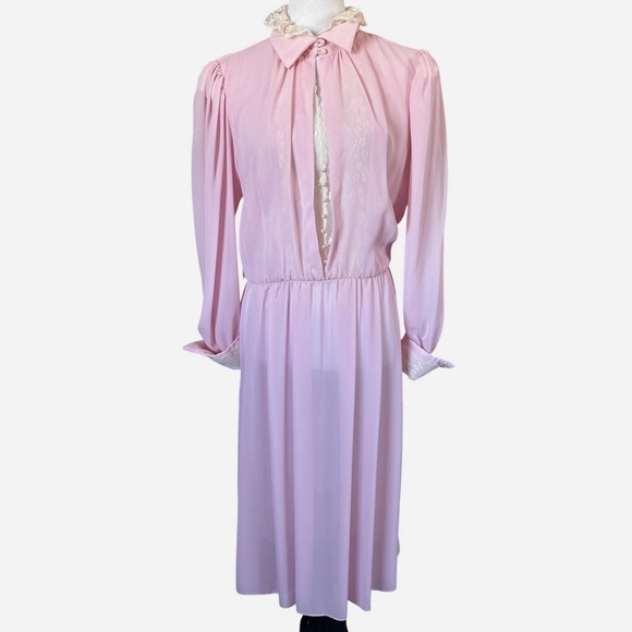 Vintage REO Originals Pink Lace Midi Dress Pearl Button Long Sleeve ILGWU USA 16 - Picture 10 of 10